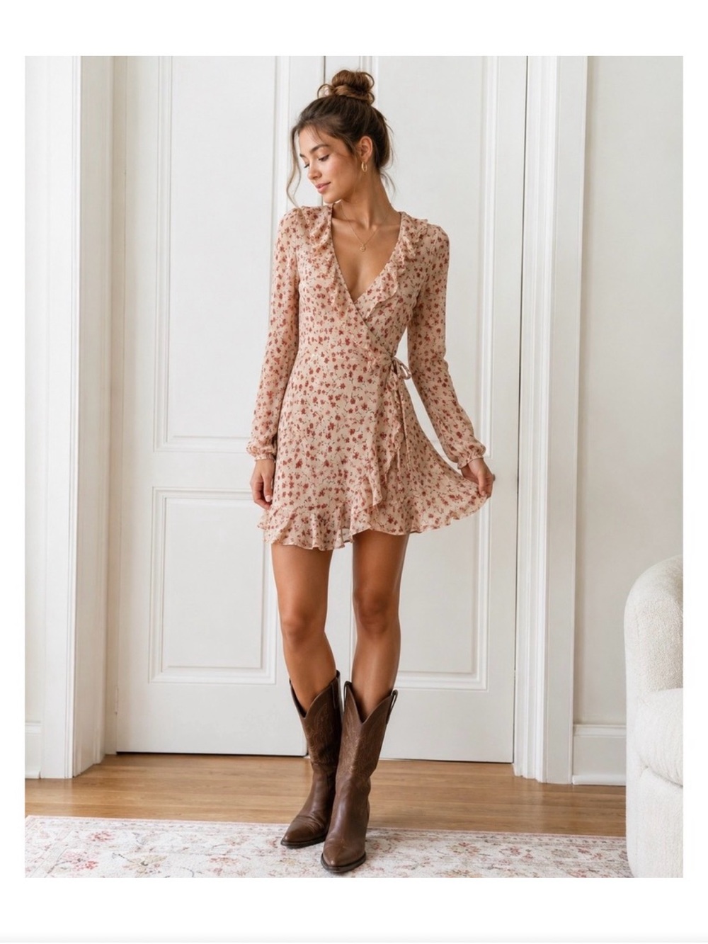 Free People Floral Wrap Mini Dress Cream Red Ruffle Long Sleeve Sz Small
